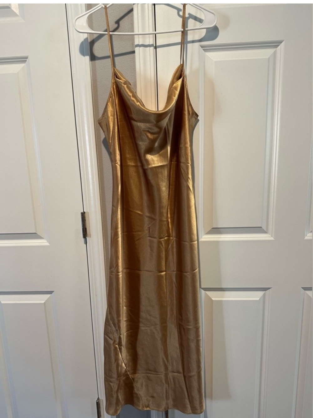 Vintage California Dynasty Gold Satin Side Slit Maxi Slip Dress, Sz L/8/10
